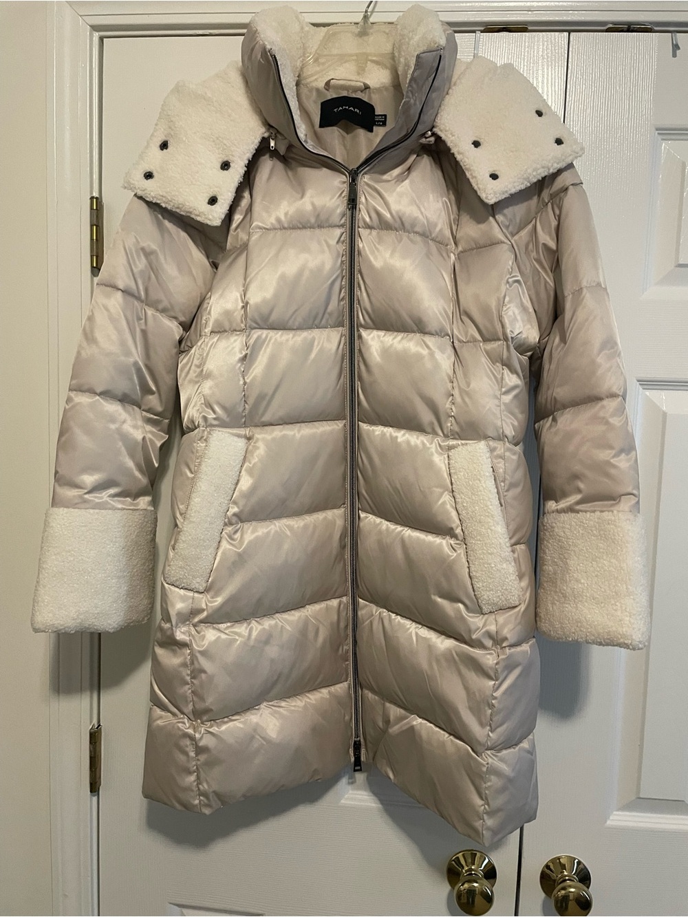 Tahari Ivory/Off-White Puffer Coat with Sherpa Trim